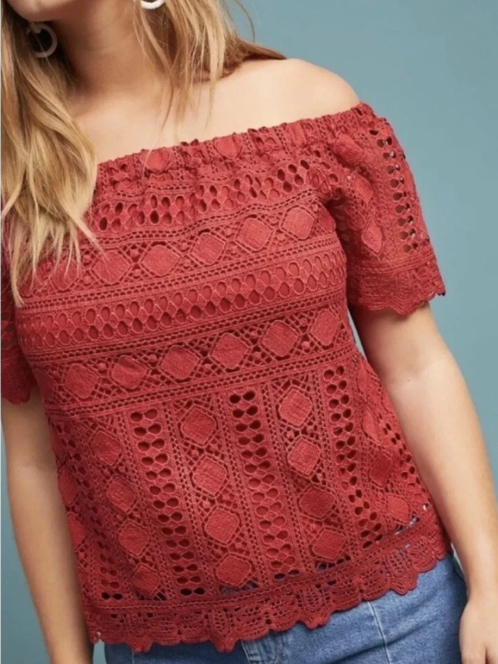 Sunday in Brooklyn Anthro Evie Off Shoulder Crochet Lace Dark Rust Top - Picture 1 of 10